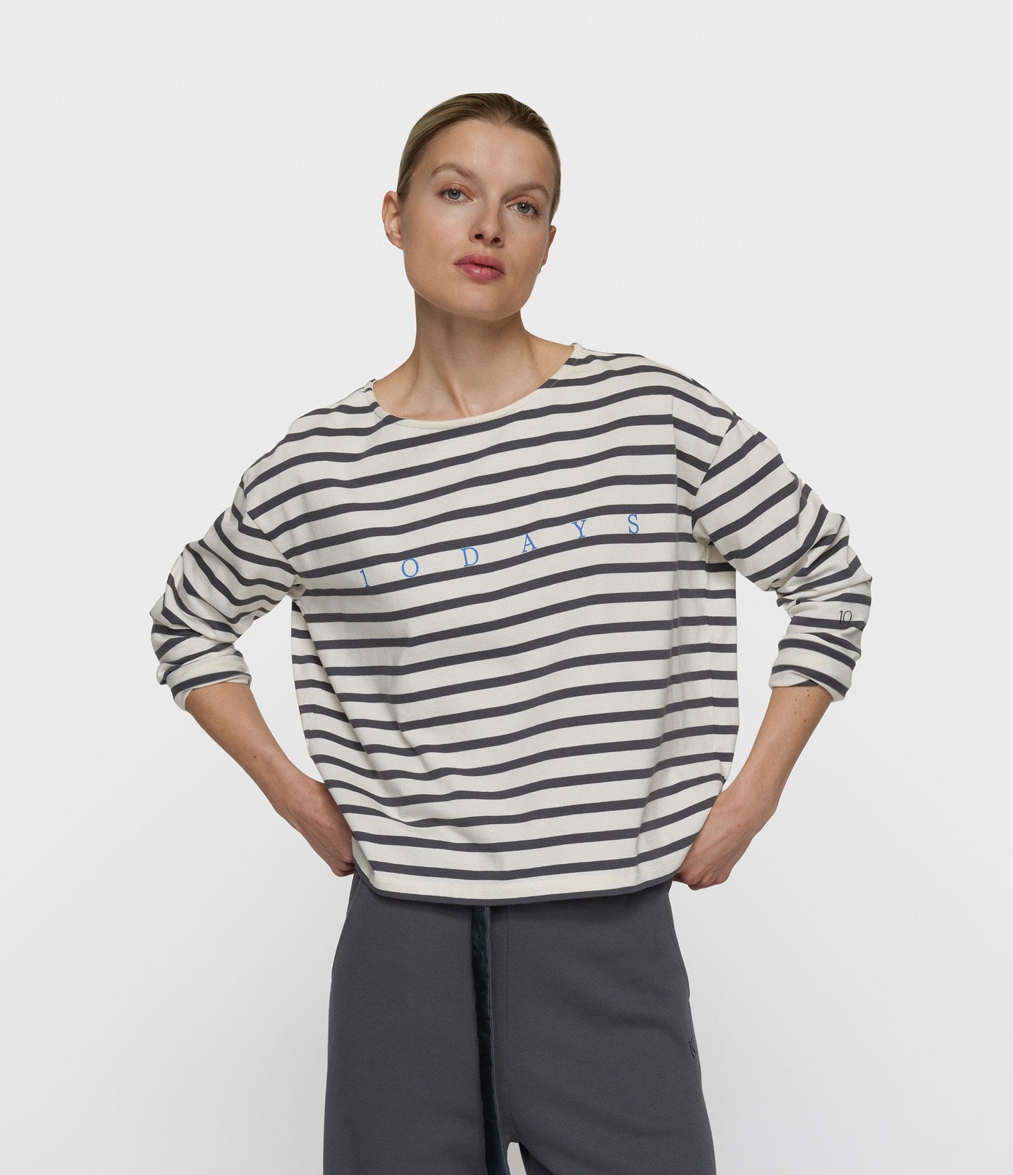 10days Boat Neck Top Stripes Ecru/Steel Blue