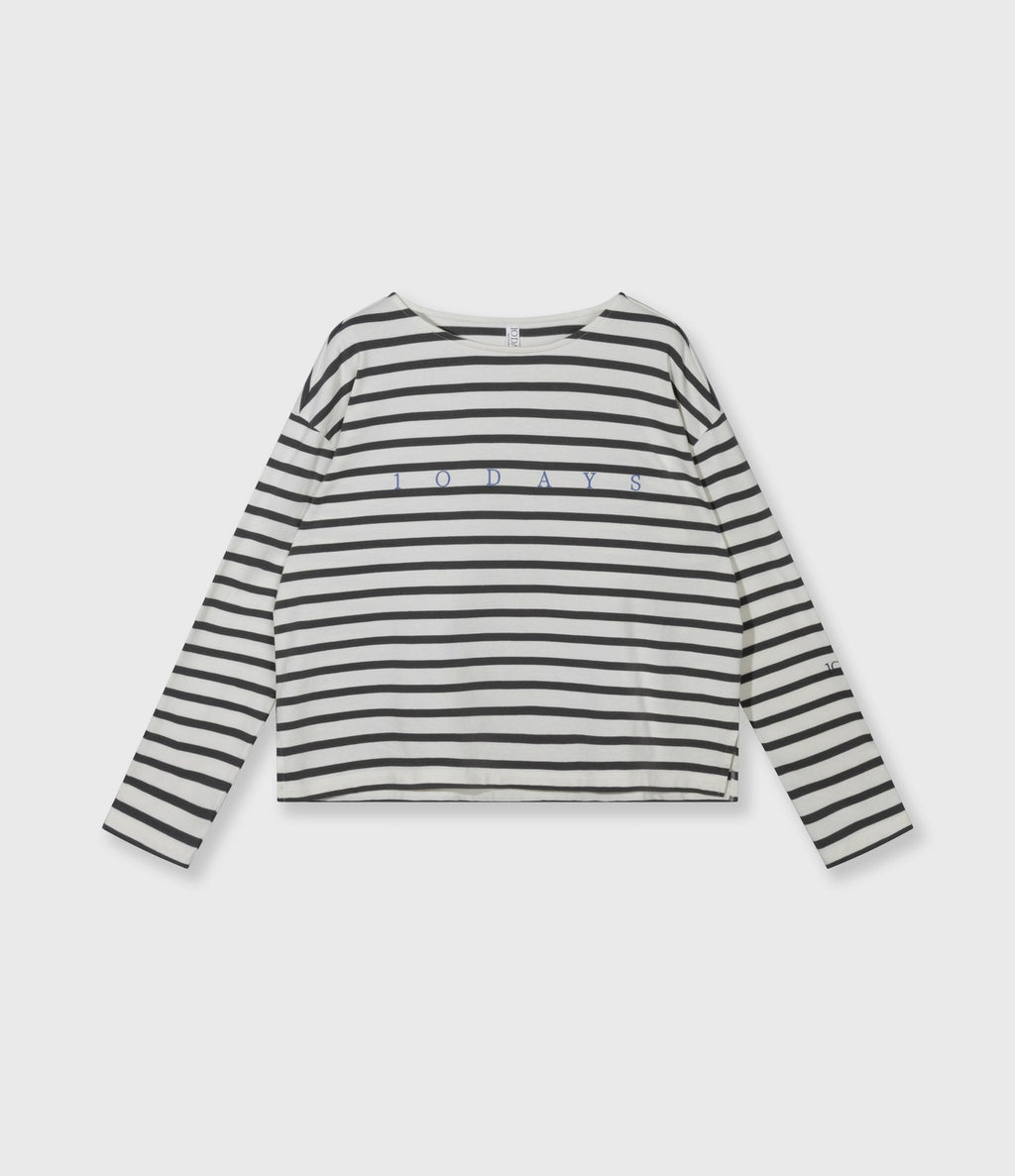 10days Boat Neck Top Stripes Ecru/Steel Blue
