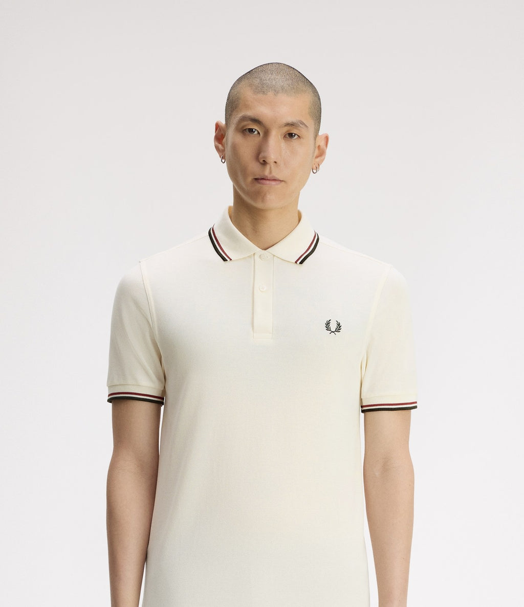 Fred Perry M3600 Twin Tipped Shirt Ecru Brandy Night Green