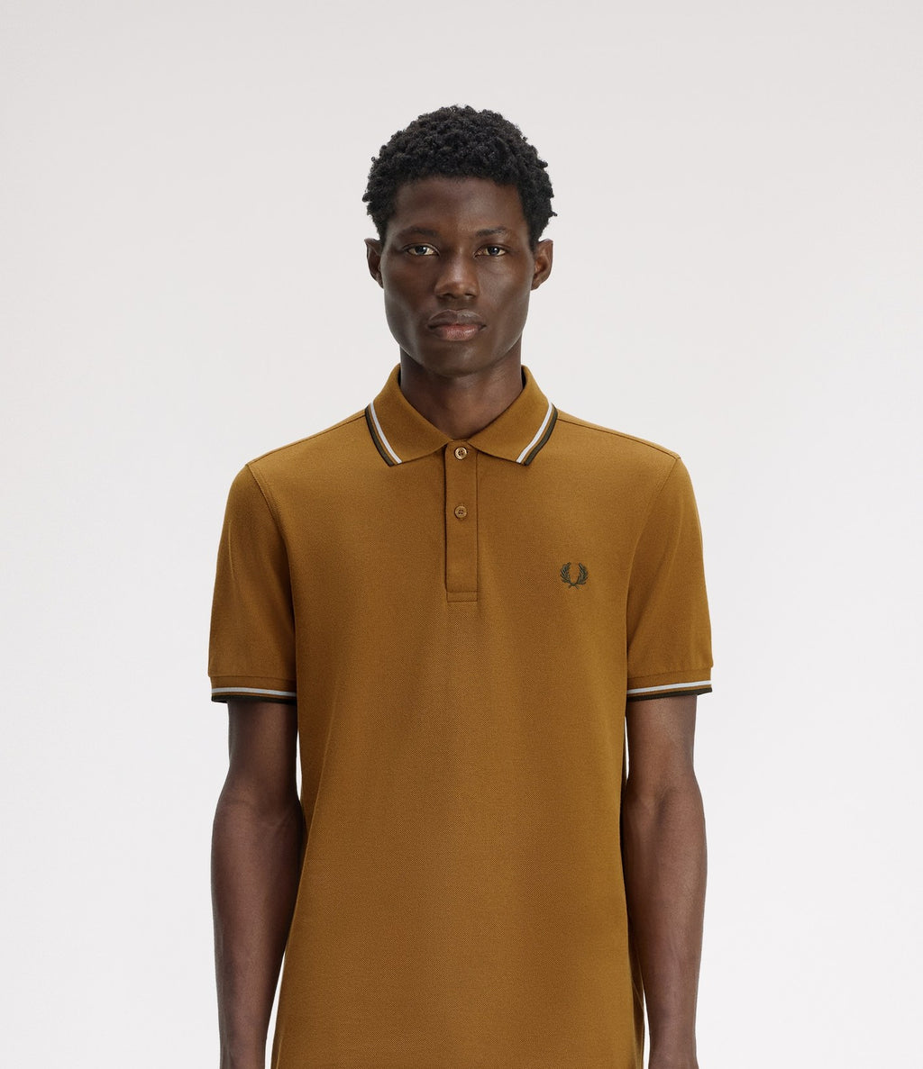 Fred Perry M3600 Twin Tipped Shirt Dark Caramel Dusky Blue Night Green