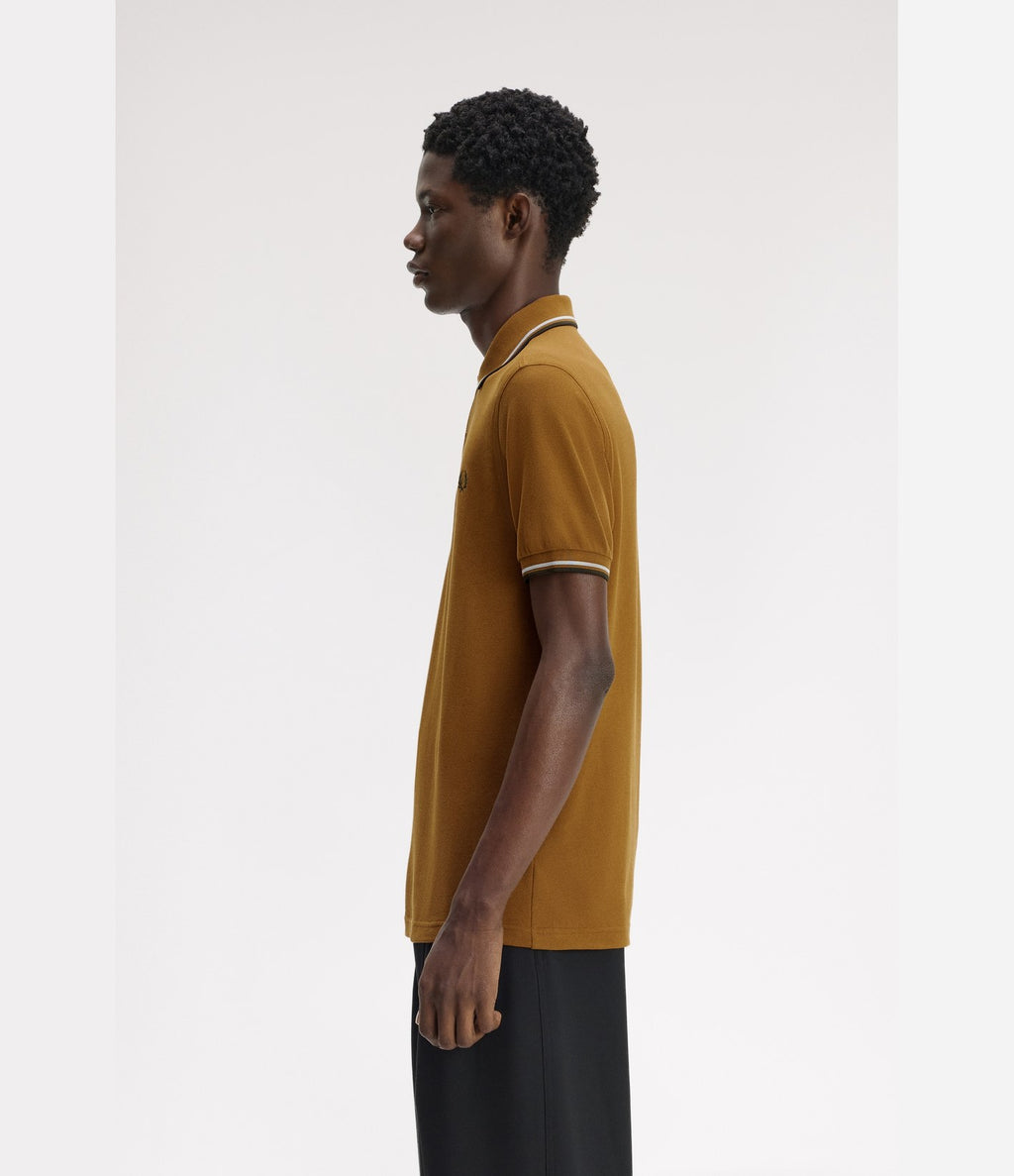 Fred Perry M3600 Twin Tipped Shirt Dark Caramel Dusky Blue Night Green