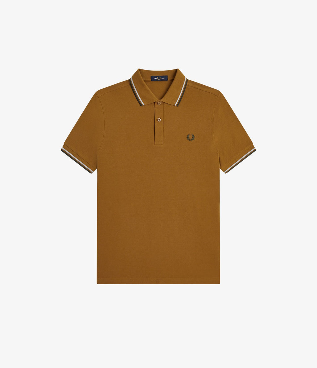 Fred Perry M3600 Twin Tipped Shirt Dark Caramel Dusky Blue Night Green