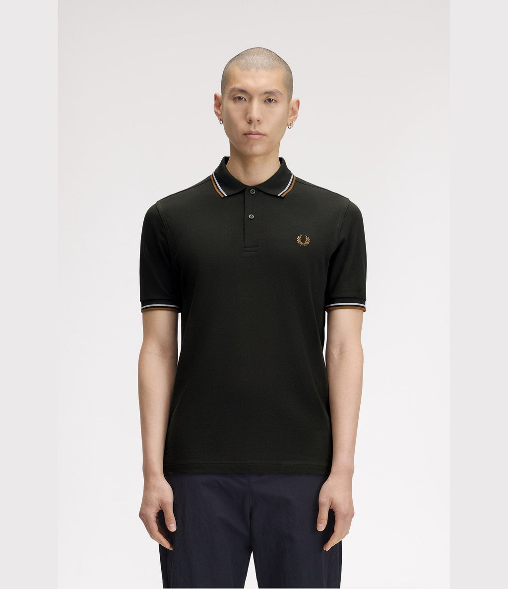 Fred Perry M3600 Twin Tipped Shirt Night Green Dusky Blue Dark Caramel