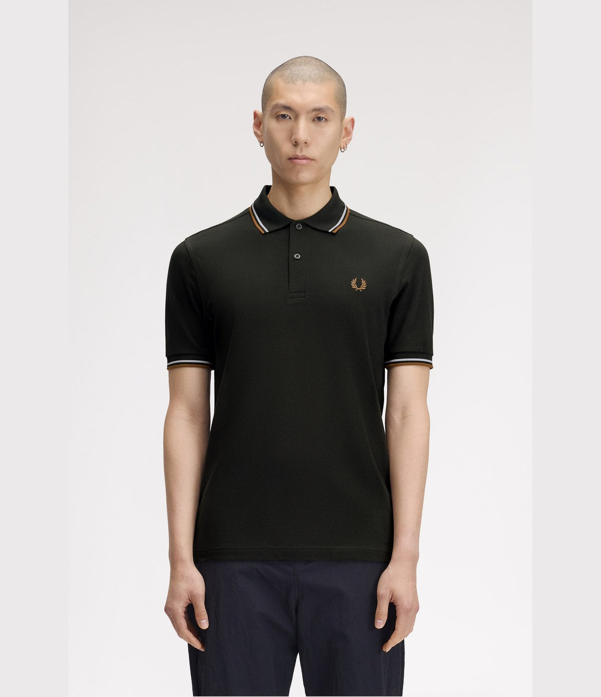 Fred Perry M3600 Twin Tipped Shirt Night Green Dusky Blue Dark Caramel