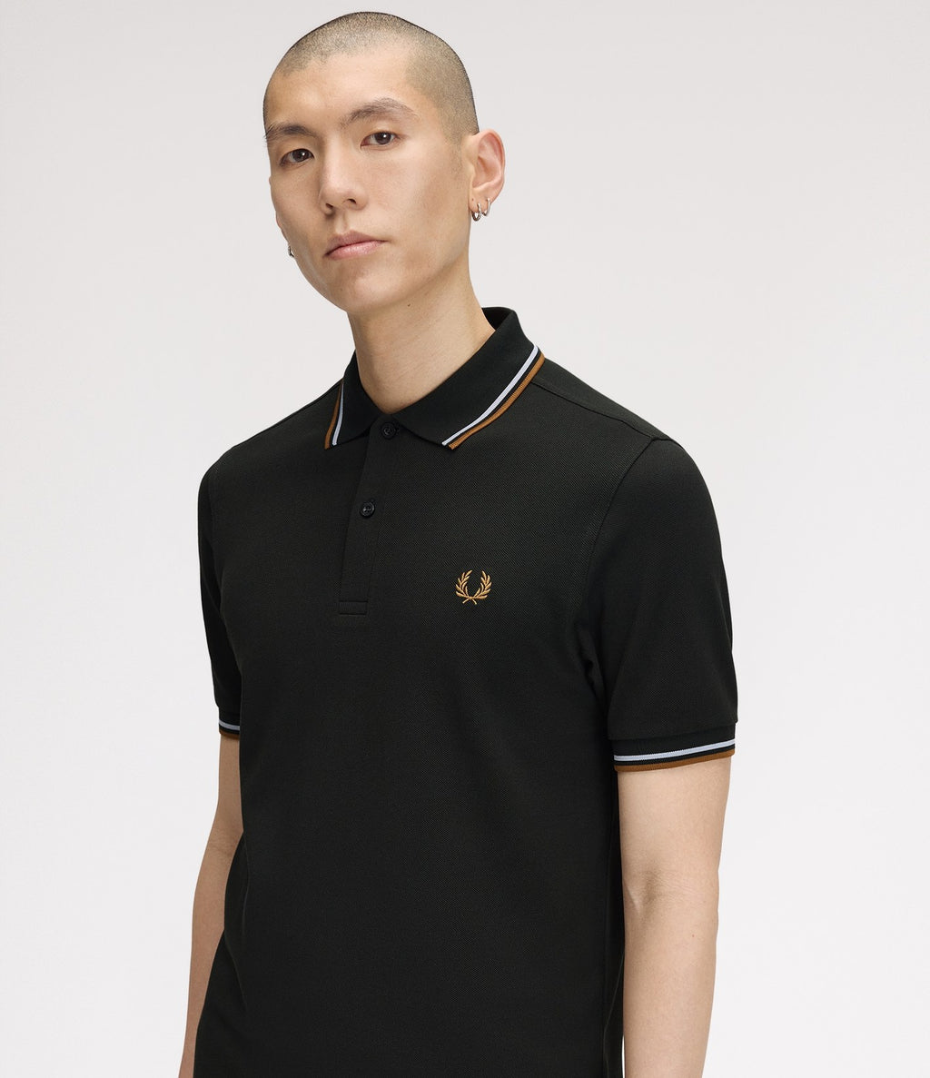 Fred Perry M3600 Twin Tipped Shirt Night Green Dusky Blue Dark Caramel
