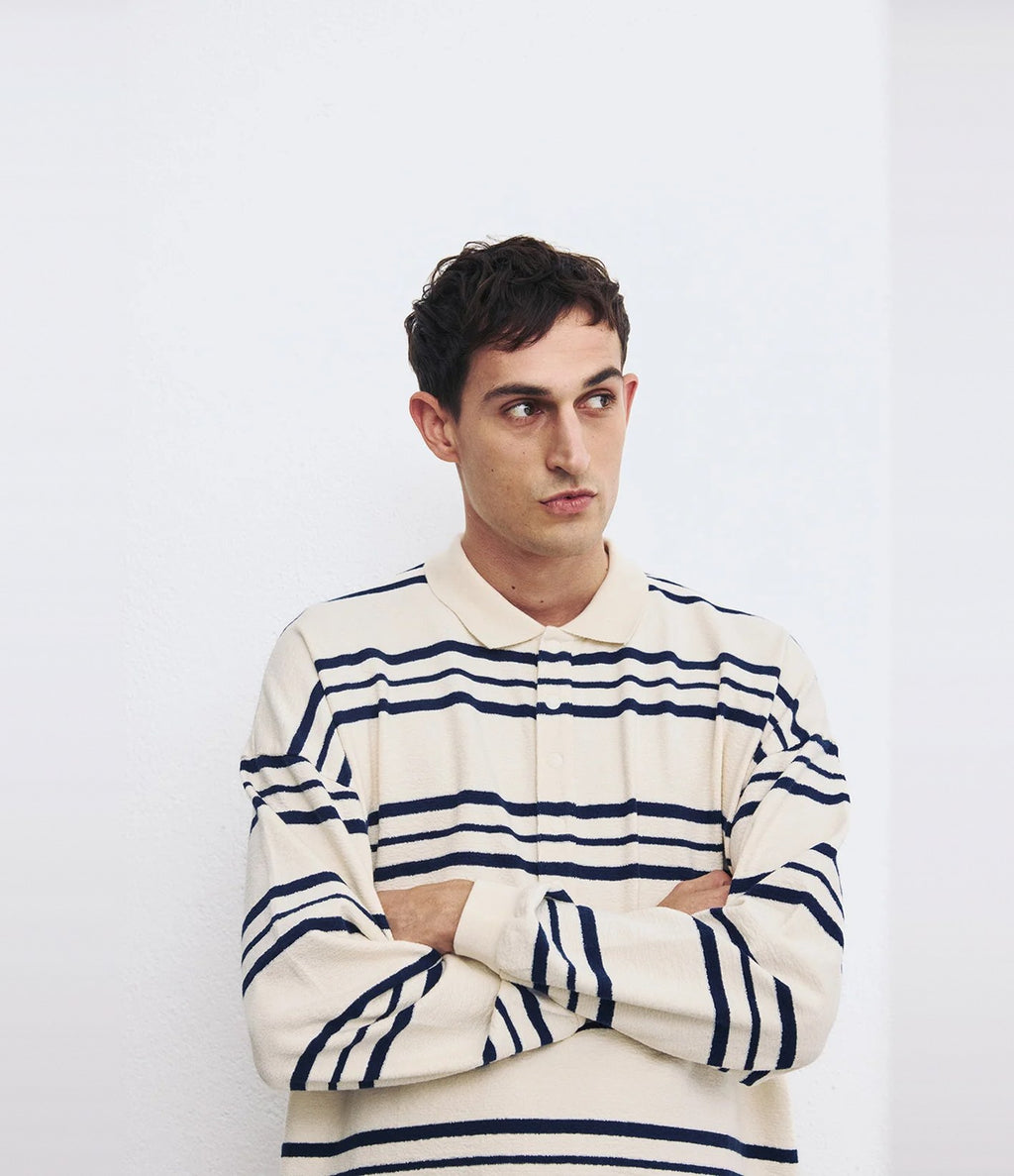 Unfeigned Long Sleeve Oversized Polo Terry Dark Navy Stripes