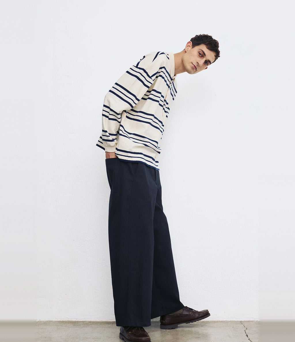 Unfeigned Long Sleeve Oversized Polo Terry Dark Navy Stripes