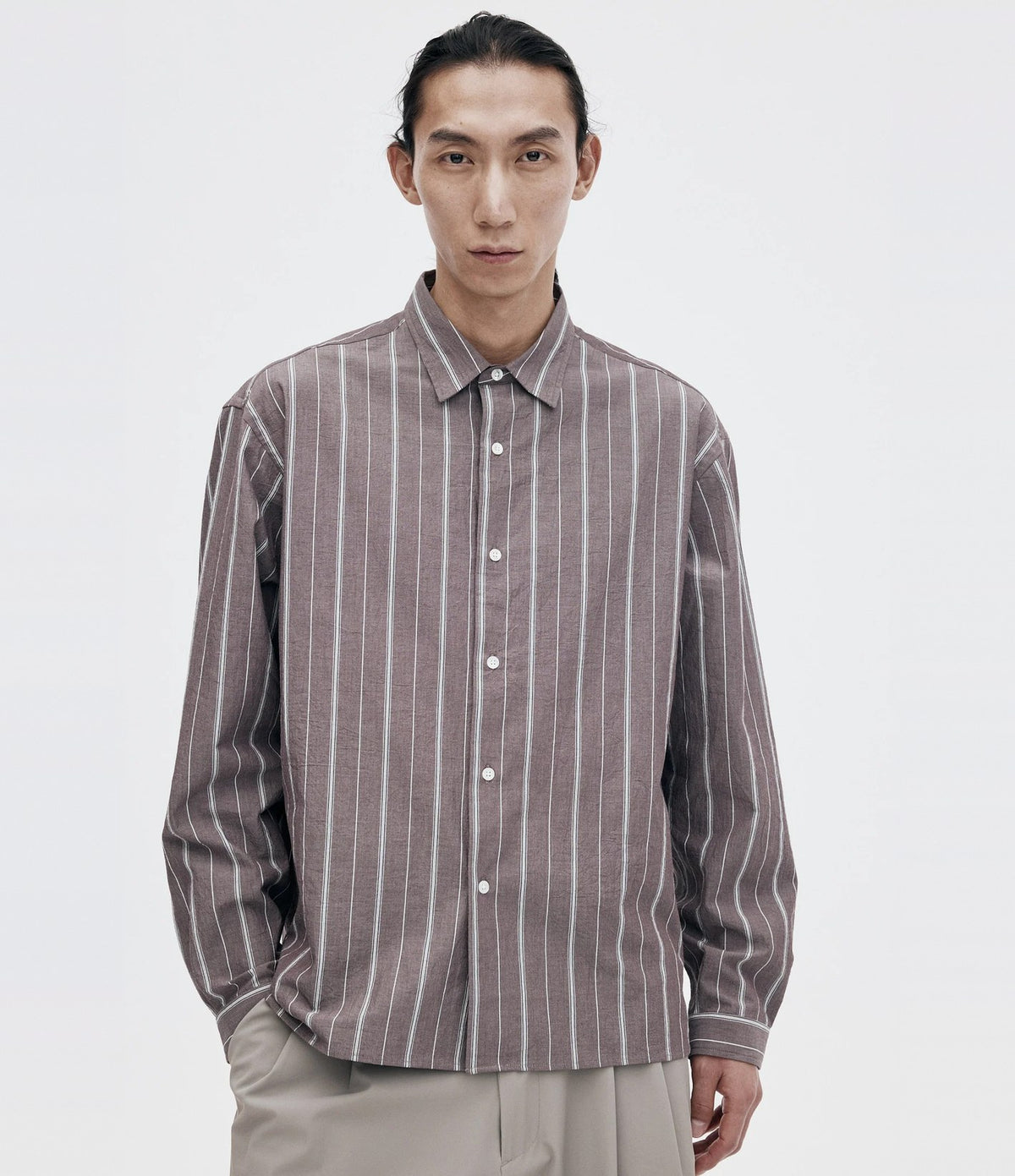 Unfeigned Long Sleeve Relaxed Shirt OC Aubergine and Raw Stripes